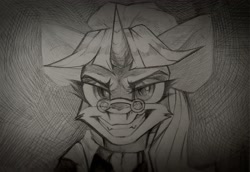 Size: 2560x1761 | Tagged: safe, artist:tlen borowski, snowfall frost, starlight glimmer, g4, bust, cheek fluff, clothes, evil grin, glasses, grin, horn, looking at you, monochrome, pince-nez, smiling, solo, traditional art