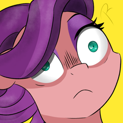 Size: 1080x1080 | Tagged: safe, artist:reinbou, spoiled rich, earth pony, pony, g4, :<, bust, eyeshadow, female, makeup, mare, shocked, shrunken pupils, signature, simple background, solo, yellow background