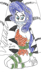 Size: 735x1280 | Tagged: safe, artist:godzilla713, rarity, human, equestria girls, g4, bondage, cloth gag, female, gag, jungle, jungle girl, kidnapped, rope, rope bondage, scared, simple background, solo, tied up, traditional art, white background