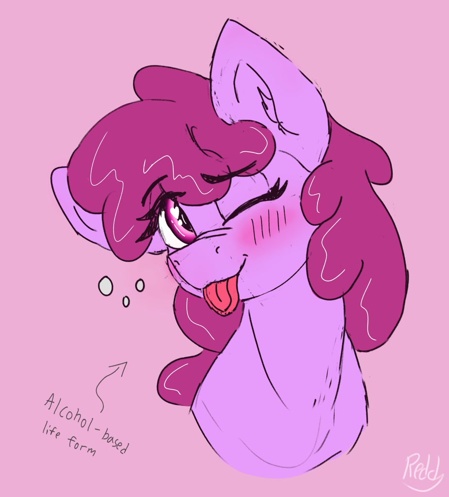 [berry punch,berryshine,blushing,bust,drunk,earth pony,eyebrows,female,looking at you,mare,pony,safe,signature,simple background,solo,wink,tongue out,one eye closed,pink background,eye clipping through hair,smiling,drunk bubbles,;p,smiling at you,eyebrows visible through hair,artist:reddthebat,winking at you]