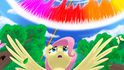 Size: 3840x2160 | Tagged: safe, artist:stellardust, fluttershy, butterfly, pegasus, pony, squirrel, g4, the cutie mark chronicles, 4k, animal, cloud, eye reflection, falling leaves, female, filly, filly fluttershy, foal, forest, high res, implied rainbow dash, leaves, looking up, rainbow trail, reflection, so many wonders, solo, sonic rainboom, spread wings, tree, wings, younger