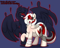 Size: 4096x3274 | Tagged: safe, artist:askhypnoswirl, oc, oc only, oc:awya lightfeather, oc:ion sparkplug, demon, demon pony, hybrid, original species, pegasus, pony, bandage, bandaged leg, duo, glowing, glowing eyes, hybrid pony, magic, red eyes, simple background, spirit