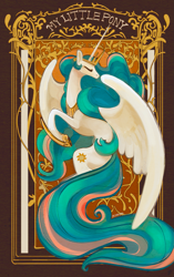 Size: 1195x1901 | Tagged: safe, artist:coypuppy, princess celestia, alicorn, pony, g4, crown, eyes closed, female, hoof shoes, jewelry, mare, modern art, nouveau, princess shoes, regalia, signature, solo, spread wings, wings