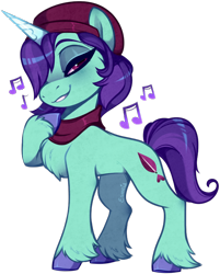 Size: 590x734 | Tagged: safe, artist:esmeia, onyx, pony, unicorn, g5, beatnik, beret, chest fluff, clothes, female, hair over one eye, hat, mare, music notes, scarf, simple background, solo, transparent background, unshorn fetlocks
