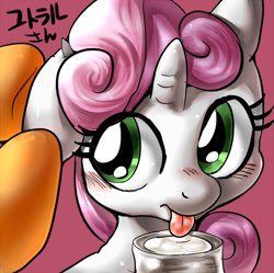 Size: 600x597 | Tagged: safe, artist:nekubi, scootaloo, sweetie belle, cow, pony, unicorn, g4, blushing, bust, cowbelle, female, horn, lapping, milk, offscreen character, portrait, simple background, solo focus, species swap, tongue out, transformation, translation request