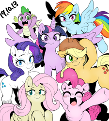 Size: 1156x1286 | Tagged: safe, artist:nekubi, applejack, fluttershy, pinkie pie, rainbow dash, rarity, spike, twilight sparkle, alicorn, dragon, earth pony, pegasus, pony, unicorn, g4, cowboy hat, cute, female, flying, happy birthday mlp:fim, hat, looking at you, male, mane seven, mane six, mare, mlp fim's ninth anniversary, one eye closed, open mouth, simple background, spread wings, twilight sparkle (alicorn), white background, wings