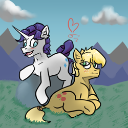 Size: 3000x3000 | Tagged: safe, artist:fumalunga, applejack, rarity, earth pony, pony, unicorn, g4, applejack (male), blushing, butt, dock, duo, duo male, elusive, hatless, high res, male, missing accessory, outdoors, plot, rule 63, tail