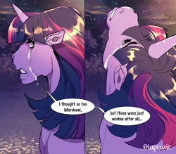 Size: 2048x1795 | Tagged: safe, artist:laproxie, twilight sparkle, pony, unicorn, comic:morditwi tears of sadness, g4, crossover, crossover shipping, crying, dialogue, female, implied mordecai, looking back, looking up, male, mordetwi, regular show, shipping, solo, straight