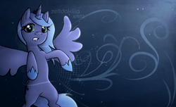 Size: 2800x1700 | Tagged: safe, artist:zeffdakilla, princess luna, alicorn, pony, g4, belly, date (time), flying, gradient background, looking at you, raised hoof, s1 luna, signature, solo, spread wings, wallpaper, wings