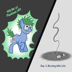 Size: 1200x1200 | Tagged: safe, artist:phallen1, oc, oc only, oc:software patch, earth pony, pony, 2 panel comic, atg 2023, comic, death, disintegration, dungeons and dragons, healing, newbie artist training grounds, overhealed, pen and paper rpg, rpg, simple background, smoke, solo, this ended in death