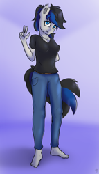 Size: 1999x3499 | Tagged: safe, artist:tarhoon sunflare, oc, oc:azerra, bat pony, anthro, bat pony oc, breasts, clothes, denim, fangs, female, jeans, looking at you, mare, multiple variants, pants, peace sign, shirt, simple background, solo, t-shirt