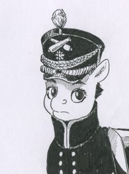 Size: 489x657 | Tagged: safe, artist:adeptus-monitus, oc, oc only, earth pony, pony, black and white, clothes, grayscale, monochrome, pen drawing, simple background, soldier, solo, traditional art, uniform, white background