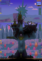 Size: 1920x2756 | Tagged: safe, artist:tcgamebot, g4, cloud, game screencap, mountain, no pony, pixel art, platformer, scenery, sun, terraria, tree, twilight's castle, water