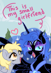 Size: 1152x1644 | Tagged: safe, artist:lullabyprince, derpy hooves, nightmare moon, alicorn, pegasus, pony, g4, blonde hair, blue hair, colored eyelashes, dialogue, duo, ear tufts, ethereal mane, fangs, female, folded wings, furaffinity, heart, helmet, lesbian, looking at you, nicemare moon, open mouth, peytral, ship:nightmarederp, shipping, smiling, sparkly mane, spread wings, text, wings, yellow eyes
