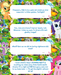 Size: 2045x2488 | Tagged: safe, gameloft, applejack, pinkie pie, rarity, spike, dragon, earth pony, pony, unicorn, g4, my little pony: magic princess, applejack's hat, claws, cowboy hat, dialogue, dialogue box, english, event, female, hat, high res, horn, implied twilight sparkle, male, mare, mobile game, speech bubble, text, winged spike, wings