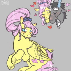Size: 640x640 | Tagged: safe, artist:moth-in-the-broth, discord, fluttershy, draconequus, pegasus, pony, g4, the last problem, antlers, blushing, eyes closed, female, flower, flower in hair, gray background, heart, horn, interspecies, male, ship:discoshy, shipping, signature, simple background, snuggling, straight