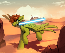 Size: 3411x2784 | Tagged: safe, artist:sugarstar, oc, oc only, oc:kozzy, pegasus, pony, desert, high res, lightsaber, mouth hold, running, sand, solo, spread wings, star wars, weapon, wings