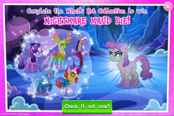 Size: 1958x1305 | Tagged: safe, gameloft, discord, maud pie, starlight glimmer, sunburst, thorax, trixie, changedling, changeling, draconequus, earth pony, nightmare forces, pony, unicorn, g4, my little pony: magic princess, advertisement, collection, english, female, glasses, group, horn, horns, king thorax, male, mare, mobile game, nightmare creature, stallion, text