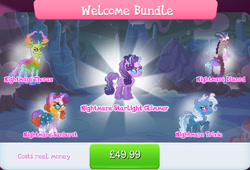 Size: 1263x858 | Tagged: safe, gameloft, discord, starlight glimmer, sunburst, thorax, trixie, changedling, changeling, draconequus, earth pony, nightmare forces, pony, unicorn, g4, my little pony: magic princess, bundle, collection, costs real money, english, female, glasses, group, horn, horns, king thorax, male, mare, mobile game, nightmare creature, numbers, stallion, text