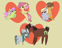 Size: 3300x2550 | Tagged: safe, artist:mizziazz, derpy hooves, dizzy twister, hoops, marble pie, merry may, orange swirl, trouble shoes, earth pony, pegasus, pony, g4, blushing, ditzyhoops, dizzymay, female, heart, high res, lesbian, male, mare, nuzzling, ship:marbleshoes, shipping, simple background, stallion, straight