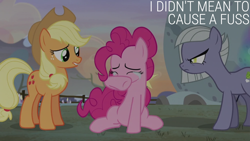 Size: 2000x1125 | Tagged: safe, edit, edited screencap, editor:quoterific, screencap, applejack, limestone pie, pinkie pie, earth pony, pony, g4, hearthbreakers, crying, eyes closed, female, mare, trio, trio female