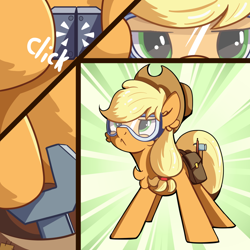 Size: 1000x1000 | Tagged: safe, artist:candy meow, applejack, earth pony, pony, applejack's "day" off, g4, applejack's hat, atg 2023, bag, belt, cheek fluff, chest fluff, cowboy hat, ear fluff, female, glasses, hammer, hat, mare, newbie artist training grounds, scene interpretation, screwdriver, solo, wrench