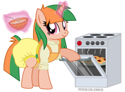 Size: 1000x740 | Tagged: safe, artist:jennieoo, oc, oc only, oc:sweet treat, pony, unicorn, apron, clothes, cooking, diaper, diaper fetish, fetish, food, looking at you, non-baby in diaper, pie, simple background, smiling, smiling at you, solo, stove, transparent background, vector