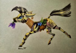 Size: 2460x1704 | Tagged: safe, artist:cahandariella, zecora, zebra, g4, colored pencil drawing, ear piercing, earring, female, filly, flower, foal, jewelry, piercing, running, solo, traditional art