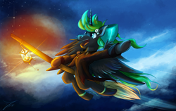 Size: 1500x945 | Tagged: safe, artist:jamescorck, oc, oc only, pony, unicorn, broom, flying, flying broomstick, lantern, solo, stars