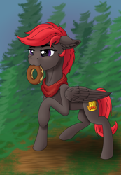 Size: 1200x1731 | Tagged: safe, artist:fess, oc, oc only, oc:rosetta hask, pegasus, pony, clothes, donut, female, food, forest, mare, scarf, solo