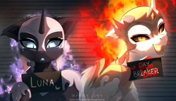 Size: 4096x2348 | Tagged: safe, artist:magnaluna, daybreaker, nightmare moon, alicorn, pony, g4, barbie, barbie (film), barbie mugshot meme, cute, duo, duo female, ethereal mane, female, floppy ears, galaxy mane, high res, looking at you, mane of fire, mare, meme, moonabetes, mugshot, name, open mouth, open smile, sharp teeth, siblings, signature, sisters, smiling, smiling at you, teeth