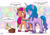 Size: 1000x709 | Tagged: safe, artist:uotapo, idw, izzy moonbow, sunny starscout, earth pony, pony, unicorn, g5, spoiler:comic, spoiler:g5comic, spoiler:g5comic13, abstract background, brownie, chest fluff, duo, food, leg fluff, living object, mane stripe sunny, open mouth, raised hoof, speech bubble, sweat, sweatdrop