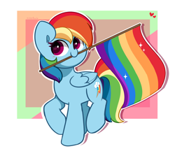 Size: 3928x3401 | Tagged: safe, artist:kittyrosie, rainbow dash, pegasus, pony, g4, abstract background, cute, dashabetes, female, flag, flag pole, folded wings, graveyard of comments, heart, heart eyes, high res, lgbt, looking at you, mare, mouth hold, pride, pride flag, pride month, raised hoof, raised leg, smiling, smiling at you, solo, wingding eyes, wings