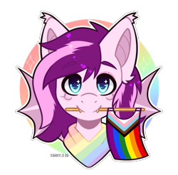 Size: 1026x1011 | Tagged: safe, artist:sailorr_s, oc, oc only, oc:plum taffy, bat pony, commission, fangs, pride, pride flag, progressive pride flag, simple background, solo, transparent background, ych result