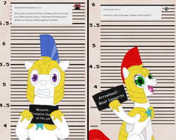 Size: 1280x1024 | Tagged: safe, artist:hakar-kerarmor, oc, oc:arrowhead, oc:monolith, pegasus, pony, ask four inept guardponies, barbie, barbie (film), barbie mugshot meme, female, male, mare, meme, mugshot, royal guard, stallion