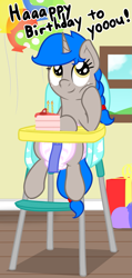 Size: 769x1617 | Tagged: safe, artist:nitei, oc, oc only, oc:sprite, alicorn, pony, alicorn oc, cake, candle, chair, diaper, diaper fetish, eyeroll, fetish, food, happy birthday, highchair, horn, non-baby in diaper, solo, wings