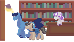 Size: 1280x732 | Tagged: safe, artist:itstechtock, night light, twilight velvet, oc, oc:waxing lyrical, bat pony, pony, g4, book, bookshelf, colt, female, foal, husband and wife, magic, male, mare, simple background, stallion, telekinesis, transparent background