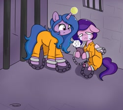 Size: 2047x1836 | Tagged: safe, artist:taurson, izzy moonbow, pipp petals, pegasus, pony, unicorn, g5, ball, bound wings, cellphone, chains, clothes, commissioner:rainbowdash69, crying, cuffs, horn, hornball, izzy's tennis ball, jail, jumpsuit, never doubt rainbowdash69's involvement, phone, prison, prison outfit, prisoner im, prisoner pipp, shirt, smartphone, tennis ball, undershirt, wings