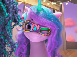 Size: 1440x1080 | Tagged: safe, screencap, izzy moonbow, misty brightdawn, pony, unicorn, g5, my little pony: make your mark, my little pony: make your mark chapter 4, the manesquerade ball, spoiler:g5, cute, female, mare, mask, one eye closed