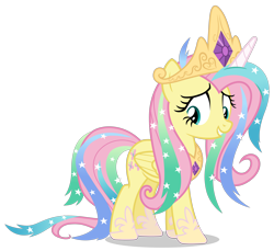 Size: 6000x5500 | Tagged: safe, alternate version, artist:gypsykumquat, fluttershy, pegasus, pony, g4, horse play, .svg available, absurd resolution, alternate hairstyle, celestia costume, celestia's crown, clothes, cosplay, costume, crown, cute, elegant, female, flutterbeautiful, gem, hoof shoes, horn, jewelry, looking back, mare, regalia, roleplaying, show accurate, shyabetes, shylestia, simple background, solo, transparent background, vector, wings