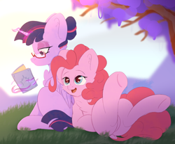 Size: 1830x1512 | Tagged: safe, artist:eventseem, pinkie pie, twilight sparkle, alicorn, earth pony, pony, g4, book, butt, chest fluff, cute, duo, duo female, featureless crotch, female, floppy ears, glasses, glowing, glowing horn, grass, horn, implied sci-twi, lesbian, magic, magic aura, mare, open mouth, open smile, plot, ship:twinkie, shipping, smiling, telekinesis, tree, twilight sparkle (alicorn), wings