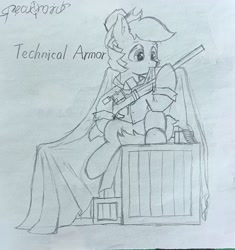 Size: 1076x1144 | Tagged: safe, artist:spearmint, oc, oc only, oc:technical armor, earth pony, pony, gun, sitting, solo, traditional art, weapon