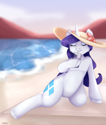 Size: 3473x4093 | Tagged: safe, artist:etter, rarity, pony, unicorn, g4, beach, drinking, eyes closed, female, hat, mare, ocean, sitting, solo, summer, water