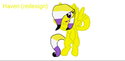 Size: 908x445 | Tagged: safe, oc, oc only, oc:haven, pegasus, pony, base used, flying, multicolored hair, multicolored tail, nonbinary, nonbinary pride flag, open mouth, pride, pride flag, purple eyes, simple background, solo, tail, text, white background, yellow coat