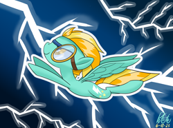 Size: 3000x2230 | Tagged: safe, artist:notadeliciouspotato, lightning dust, pegasus, pony, g4, atg 2023, female, flying, goggles, gradient background, high res, lightning, mare, newbie artist training grounds, signature, smiling, solo, spread wings, wings