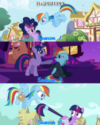 Size: 2458x3072 | Tagged: safe, edit, edited screencap, editor:itsmgh1203, screencap, rainbow dash, twilight sparkle, pegasus, pony, unicorn, friendship is magic, g4, games ponies play, read it and weep, season 1, season 2, season 3, :o, bag, clothes, duo, duo female, eyebrows, female, floppy ears, flying, frown, golden oaks library, high res, mare, messy mane, night, open mouth, raised eyebrow, saddle bag, smiling, sneaking suit, spread wings, tail, tail pull, text, unicorn twilight, wings
