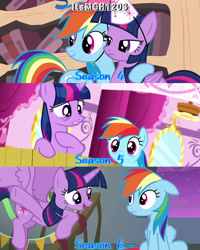 Size: 2458x3072 | Tagged: safe, edit, edited screencap, editor:itsmgh1203, screencap, rainbow dash, twilight sparkle, alicorn, pegasus, pony, daring don't, do princesses dream of magic sheep, g4, newbie dash, season 4, season 5, season 6, carousel boutique, cloudsdale, duo, duo female, female, floppy ears, flying, frown, golden oaks library, hat, high res, mare, night, open mouth, open smile, party hat, smiling, spread wings, text, twilight sparkle (alicorn), twilight sparkle is not amused, unamused, wings