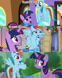 Size: 2458x3072 | Tagged: safe, edit, edited screencap, editor:itsmgh1203, screencap, rainbow dash, twilight sparkle, alicorn, pegasus, pony, 2 4 6 greaaat, all bottled up, g4, season 7, season 8, season 9, the hearth's warming club, coach rainbow dash, duo, duo female, eyebrows, female, flying, friendship express, high res, mare, open mouth, open smile, raised eyebrow, school of friendship, smiling, spread wings, text, train, train station, twilight sparkle (alicorn), wings