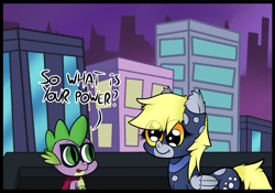 Size: 1000x699 | Tagged: safe, artist:chibi95, derpy hooves, spike, dragon, pegasus, pony, g4, power ponies (episode), cropped, duo, duo male and female, female, humdrum costume, male, mare, mask, power ponies, superhero, superhero costume, superherom