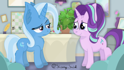 Size: 3840x2160 | Tagged: safe, artist:starry swirl, phyllis, starlight glimmer, trixie, pony, unicorn, g4, big ears, duo, female, high res, inkwell, mare, quill, school of friendship, starlight's office